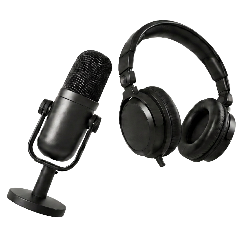 Micrófono y audífonos negros del podcast Legalmente Ágil